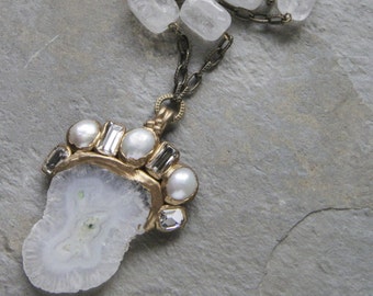 Milky white - green solar quartz and pearls long chain pendant (N-4542)