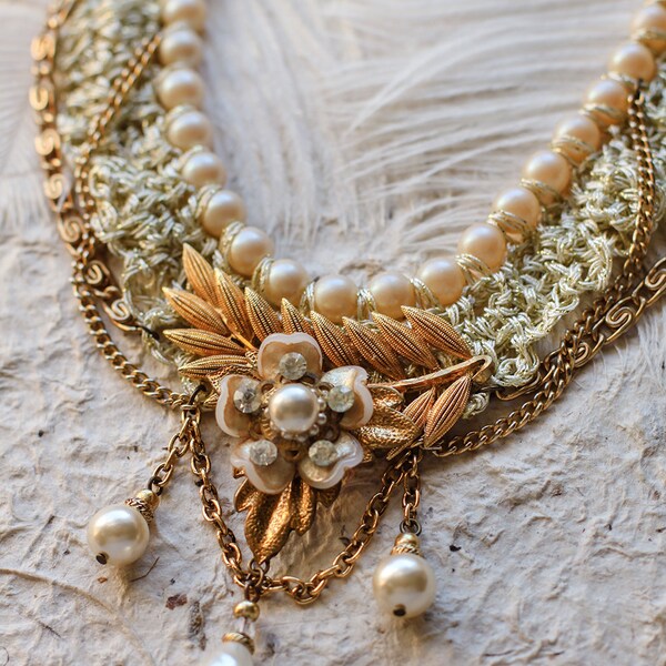 Upcycled statement bib necklace - yarn crochet necklace on pearl. (R-0218)