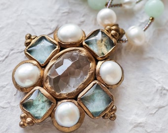 Clear quartz, freshwater pearls and textured glass cabochon, cross pendant (N-5324)