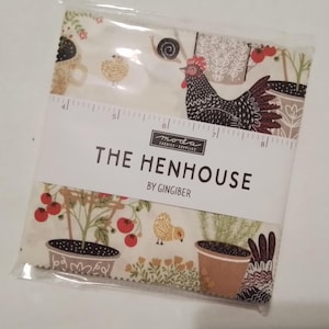 May include: A fabric bundle titled "The Henhouse" by Gingiber, featuring a repeating pattern of chickens, tomatoes, and potted plants. The fabric is in a clear plastic package. A ruler is printed on the fabric.
