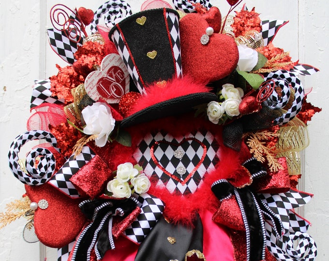 Valentine's Day Wreath Queen of Hearts Valentine Hearts Harlequin Etsy