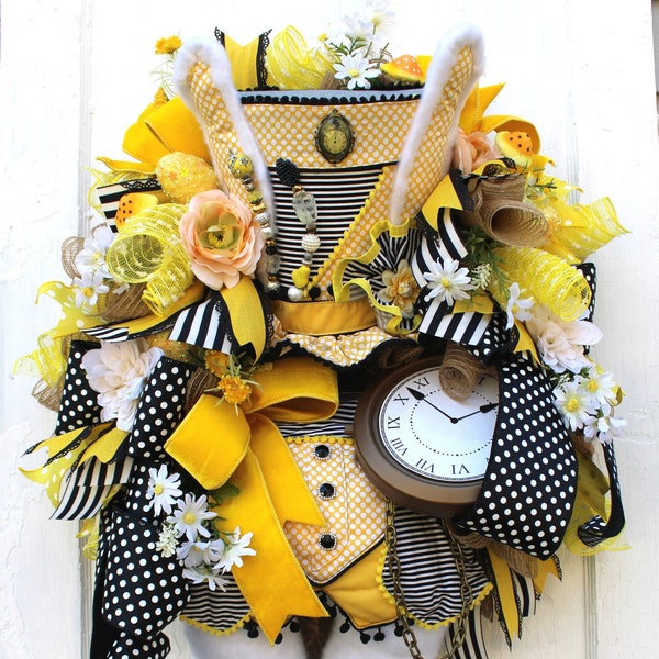 White Hatter  Rabbit Easter Wreath Large Stop Watch Top Hat Yellow and Black