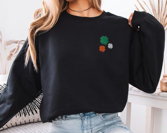 Bluza z haftowaną irlandzką koniczyną – irlandzkie kolory, okrągły dekolt z koniczyną, sweter z motywem irlandzkiej dumy na dzień św. Patryka, unisexowa bluza z koniczyną szczęścia