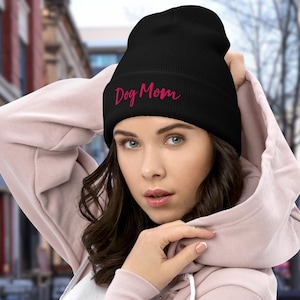 Flamingo Pink Dog Mom Beanie – Cozy Cuffed Winter Hat with Embroidery | Cute Gift for Pet Lovers