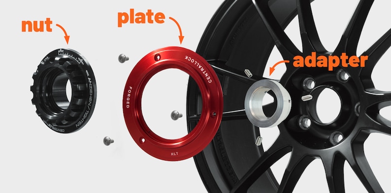 May include: A close-up of a wheel adapter kit with a red plate, a black nut, and a silver adapter. The plate is labeled "FORGED" and "CENTRAL LOCK".