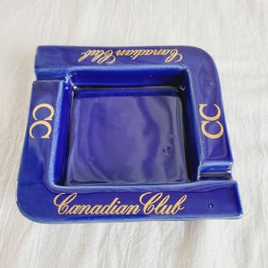 VTG Canadian Club Cobalt Blue Ceramic Ashtray Bar Decor Advertising Collectible