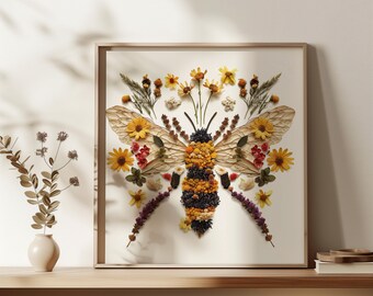 Pressed Flower Art Bee Pressed Flower Wall Art Bumblebee Pollinator Art Nursery Wall Decor Best Selling Prints Girl Dad Dried Flower Art