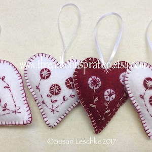 Felt Valentine Heart Embroidered Ornaments PDF Downloadable Pattern Hand Embroidered Wool Hearts with Cotton Thread