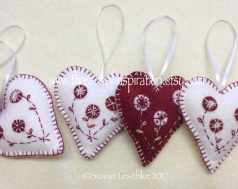 Felt Valentine Heart Embroidered Ornaments PDF Downloadable Pattern Hand Embroidered Wool Hearts with Cotton Thread