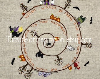 Tis Near Halloween, Embroidery Pattern, pdf Instant Download, DIY, Intermediate embroidery pattern, Pumpkins, Witches, Mummy, Little Devil