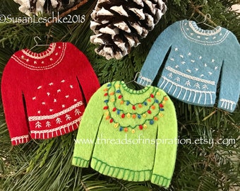 Christmas Sweater Ornaments/Ugly Sweater/Nordic Sweater/PDF Downloadable Pattern Felt Hand Embroidered Christmas Ornaments Pattern Stitching