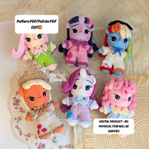 May include: A collection of six crocheted pony dolls in various colors, including pink, purple, blue, and orange. Each doll has unique features and outfits. The image includes text that says "Pattern PDF" and "Digital Product - No Physical Item Will Be Shipped."