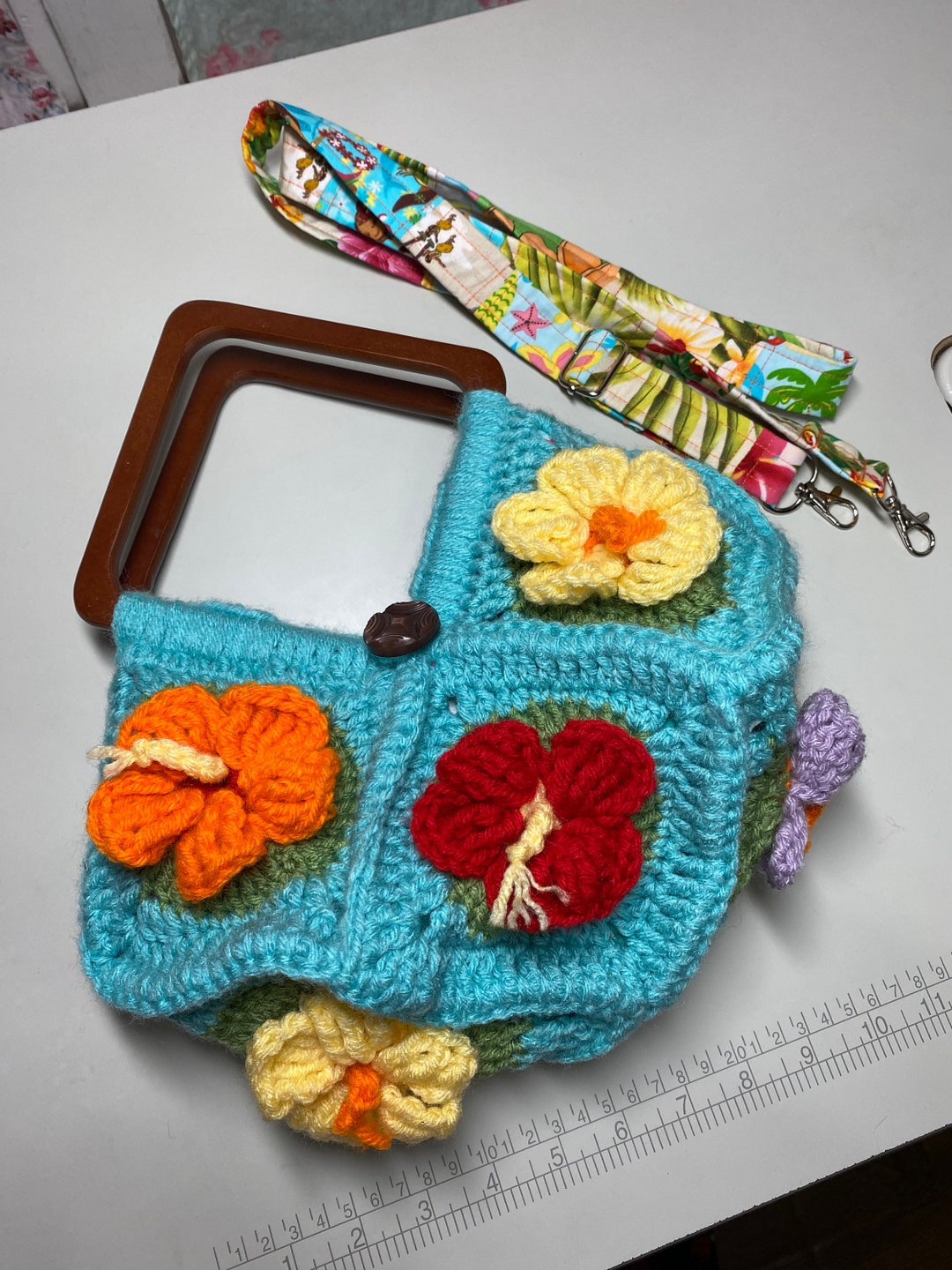 Hibiscus Granny Square Crochet Handbag With Removable
