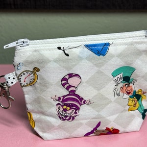 Wonderland Fabric White Zipper Pouch Lobster Clasp