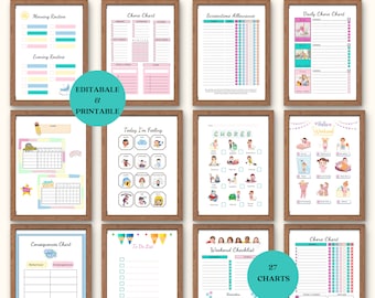 Kids reward & chore chart bundle, Printable, Editable, Daily Routine, Behaviour Tracker, Reusable Responsibility Chart, Chore chart for kid