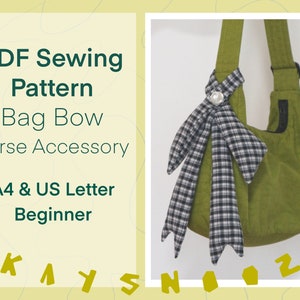 Puede incluir: Patrón de costura PDF para un accesorio de bolso con forma de lazo. El patrón está disponible en tamaños A4 y US Letter y es adecuado para principiantes. La imagen muestra un bolso verde con un lazo a cuadros blanco y negro.