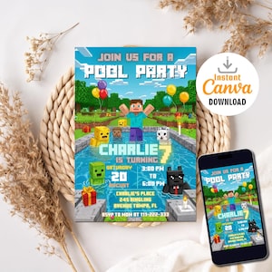 Invito alla festa in piscina di Minecraft modificabile / Modello di invito al compleanno in piscina di Minecraft / Invito al compleanno di Minecrafter / Download digitale