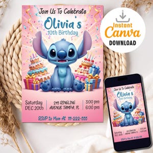 Editable Stitch Invitation | Stitch Birthday Invite, Custom Printable Stitch Party Invite Template | Digital Stitch Birthday Girl Canva Edit