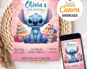 Editable Stitch Invitation | Stitch Birthday Invite, Custom Printable Stitch Party Invite Template | Digital Stitch Birthday Girl Canva Edit