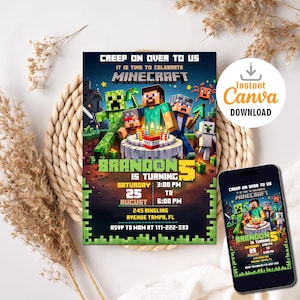 Bewerkbare Minecraft-verjaardagsuitnodiging | Minecrafter-sjabloon | Minecraft-verjaardagsuitnodigingen | Bewerkbaar in Canva Invite direct downloaden