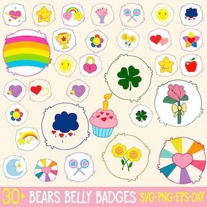 Peut inclure: Une collection de plus de 30 badges de ventre de dessins animés colorés avec divers motifs, notamment des cœurs, des étoiles, des arcs-en-ciel, des fleurs et un cupcake. Les badges sont de forme circulaire avec une bordure blanche. Le texte en bas indique "30+ BEARS BELLY BADGES SVG-PNG-EPS-DXF."