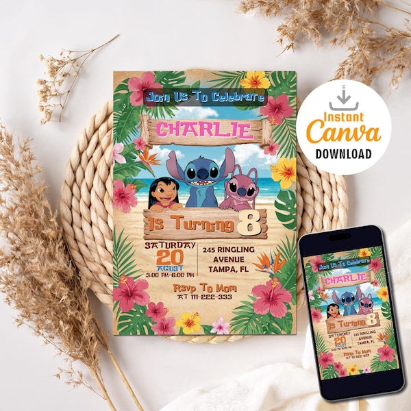 Faire-part d'anniversaire modifiable personnalisé, invitation d'anniversaire Lilo et Stitch, modèle de fête imprimable Stitch, anniversaire fille Stitch sur toile