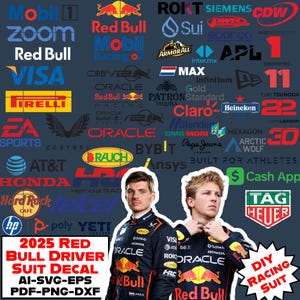 以下が含まれることがあります： ロゴとレーシングスーツを着た2人のコラージュ。ロゴには、Red Bull、Oracle、Visaが含まれます。下部のテキストは、ファイルタイプのオプションとともに「2025 Red Bull Driver Suit Decal」と表示されます。「DIY Racing Suit」グラフィックも表示されます。