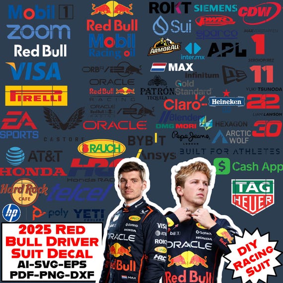 2025 F1 Racing Suit Logo Decal Bundle for Red Bull & Ferrari DIY Costumes – SVG PNG Vector Files, Racer Suit, Instant Digital Download Files