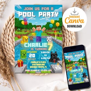 May include: A digital invitation for a pool party with pixelated characters and the text "Join us for a Pool Party". The invitation includes the text "Charlie is turning 7" and party details. A smartphone displays the same invitation.