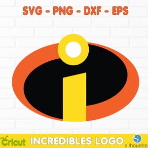 Puede incluir: El logotipo de Los Increíbles en naranja, negro y amarillo. El logotipo tiene forma ovalada con un centro negro, un borde naranja y una "i" amarilla. El texto "SVG - PNG - DXF - EPS" está en la parte superior y "Cricut INCREDIBLES LOGO" en la inferior.