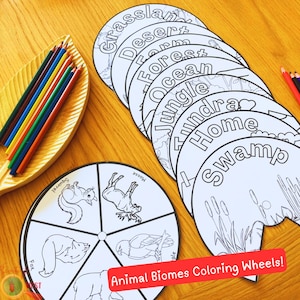 Könnte beinhalten: Schwarz-weiße Malvorlagen mit Tierillustrationen und den Namen verschiedener Biome, wie "Grasland", "Wüste", "Wald", "Ozean", "Dschungel", "Tundra", "Heimat" und "Sumpf".