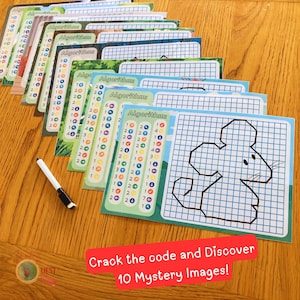 May include: A set of algorithm cards with a mouse outline, a dry-erase marker, and the text "Crack the code and Discover 10 Mystery Images!" on a wooden surface. Each card has a grid and number sequences for code-cracking.
