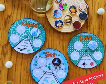 States of Matter Spanish Version Comparative Wheels with Matching Printable Kids, STEM Science Study Unit Solid Liquid Gas INSTANT DOWNLOAD