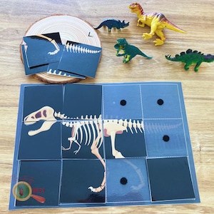 May include: A black and white dinosaur skeleton puzzle with nine pieces. The puzzle is on a wooden surface with a few toy dinosaurs around it.