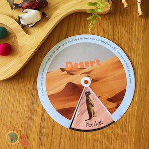 Op de afbeelding: Een cirkelvormig educatief speelgoed met een woestijnscène en het woord "Desert" in oranje. Een illustratie van een stokstaartje is afgebeeld. De tekst luidt: "Het is de droogste van alle biomen, het ontvangt zeer weinig regenval."