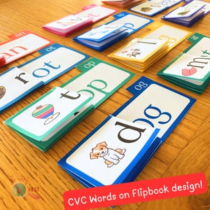 Flipbooks de palabras CVC para niños, materiales para aprender a leer, 11 familias de palabras de 3 y 4 letras para principiantes, descarga instantánea en PDF.