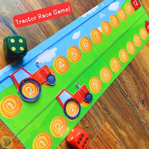 May include: A red tractor race game with two tractors and a dice. The game board has a green field with hay bales numbered 1 through 12.
