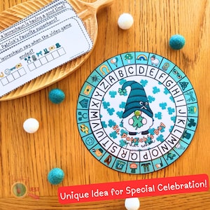 May include: A colorful St. Patrick's Day themed alphabet wheel with a gnome holding a shamrock. The wheel is surrounded by green shamrocks and other St. Patrick's Day symbols.