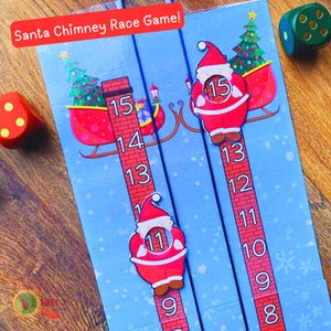May include: A Christmas-themed board game with a blue background and the text "Santa Chimney Race Game!". The game features a chimney race track with Santa Claus figures and a Christmas tree. Dice are visible on the sides.