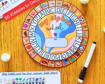 English Language Cipher Wheel, Printable Decoder Game for Children, Secret Message Reveal Fun, 20 Riddles to Decipher, INSTANT DOWNLOAD PDF