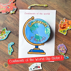 May include: A paper activity sheet featuring a central illustration of a globe with the text Continents of the world, surrounded by various colourful, shaped cardboard cutouts of different countries and regions including China and Australia.