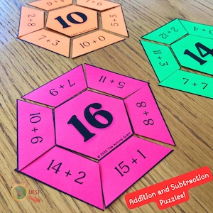 May include: Pink, green, and orange hexagon-shaped puzzle pieces with addition problems and answers. The pieces fit together to form a larger hexagon with the number 16 in the center. The text "Addition and Subtraction Puzzles!" is at the bottom of the image.