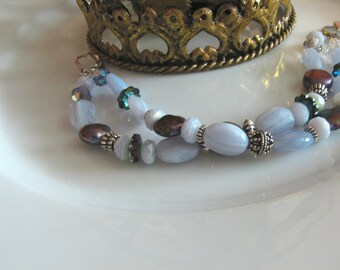 Blue Lace Agate and Pearl Bracelet