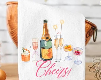 Cheers Champagne Bottle Kitchen Towel, Party decor, Bar Cart, Veuve, Wine, Margarita, Hostess Gift, Christmas gift, Housewarming gift