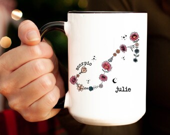 Scorpio Zodiac Mug: Custom Name, Floral Horoscope Gift