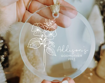 Birth Flower ornament, Glass Godmother Ornament, Godmother Proposal, Birth Flower gift, Godmother ornament, Personalized Christmas ornament