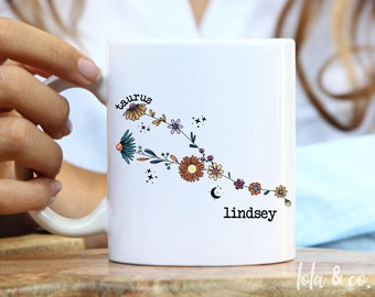 Custom Taurus Mug: Floral Zodiac Gift, Personalized Horoscope Mug