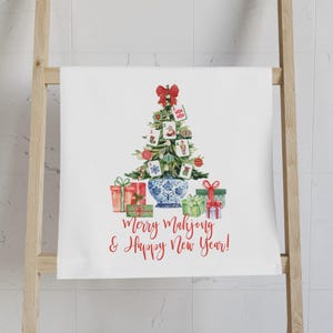 Mahjong Gift, Merry Mahjong Chinoiserie Christmas Tree Hand Towel, Mahjong Tea Towel, Holiday Kitchen Decor, Christmas Gift, Mahjong Group image 4