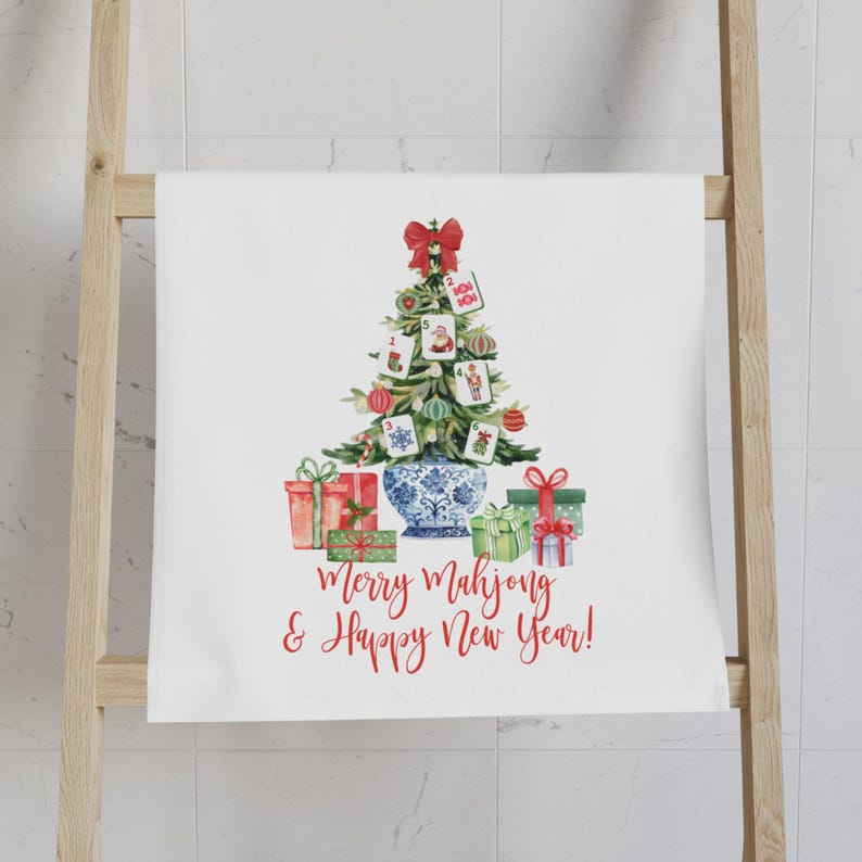 Mahjong Gift, Merry Mahjong Chinoiserie Christmas Tree Hand Towel, Mahjong Tea Towel, Holiday Kitchen Decor, Christmas Gift, Mahjong Group image 4