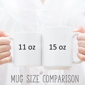 May include: Two white ceramic mugs, one 11 oz and one 15 oz, side by side. MUG SIZE COMPARISON is written below the mugs.